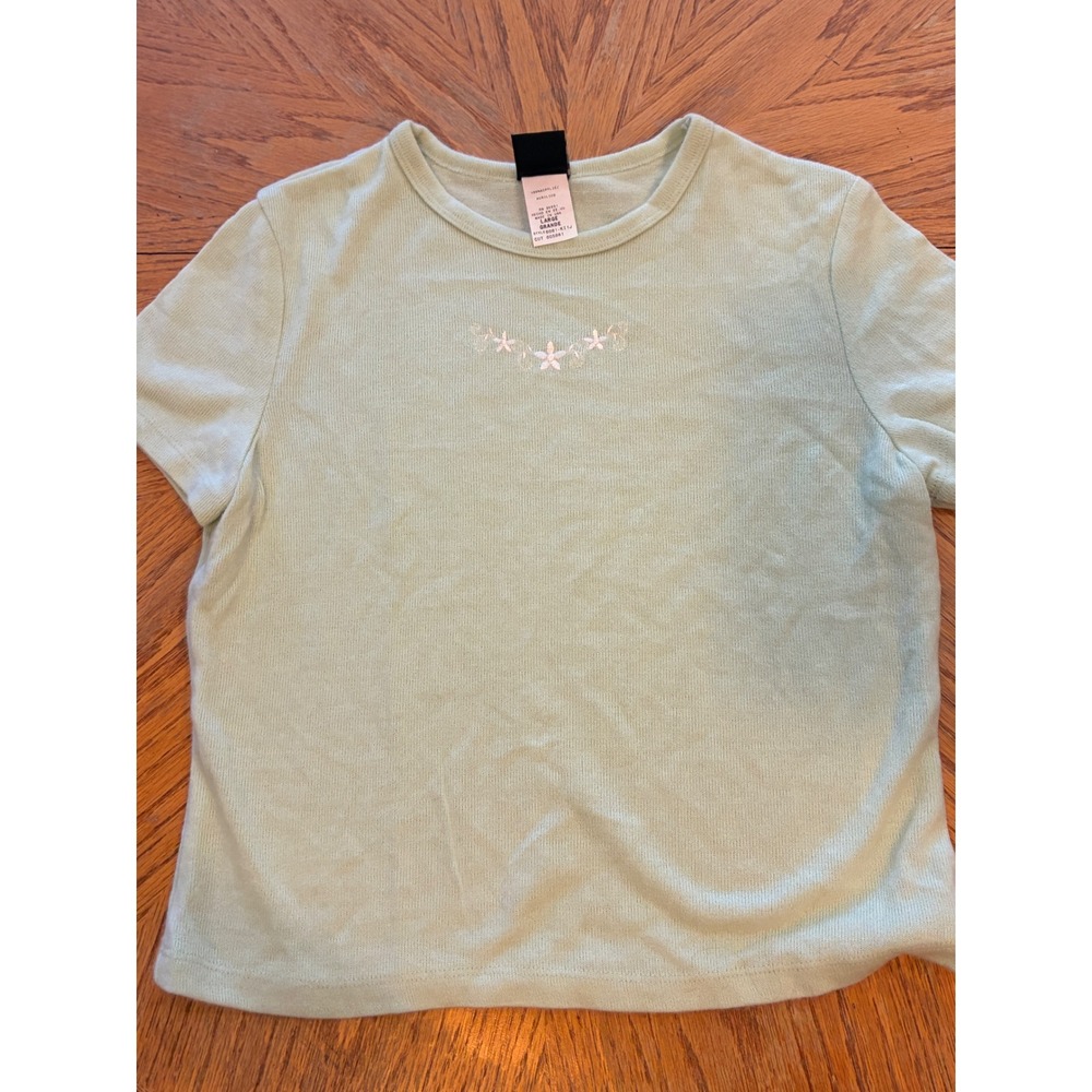 My Michelle Vintage Mint Green Floral Embroidered Knit Top Short Sleeve Large